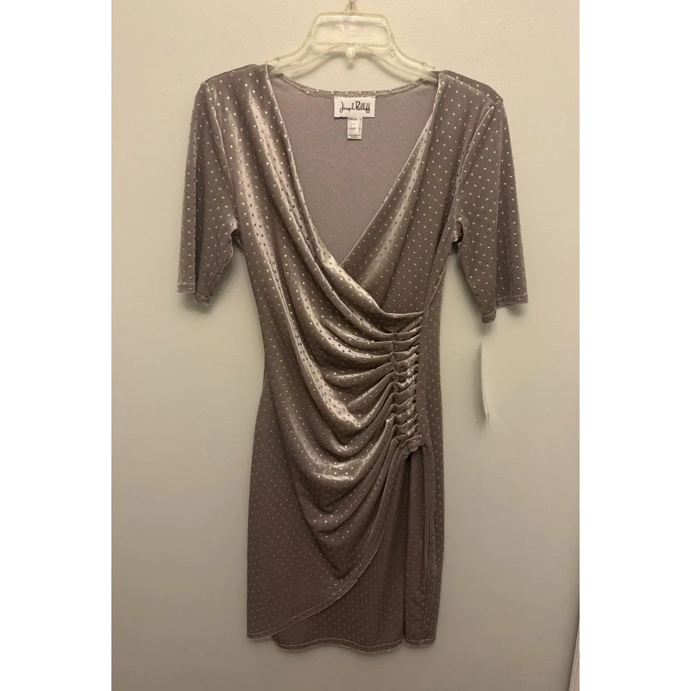 Joseph Ribkoff Faux Wrap Dress Size 4 Champagne Gold Velvet Ruched Cocktail NWT